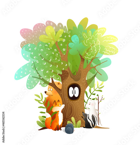 Animals in spooky forest looking at the big eyes in the hollow of the tree. Kids fairytale watercolor style mystery story illustration. Isolated clipart for children vector design.