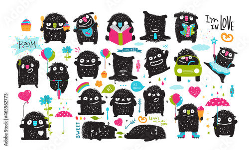 Monster character playing isolated clipart, funny mascot activity collection for kids. Monsters in hand drawn style cartoon illustration set. Isolated vector clipart for children.