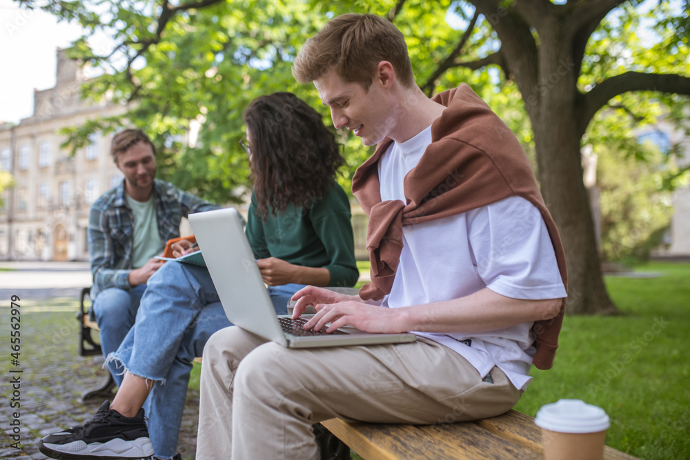 Students studying in the park and looking involved Students studying in the park and looking involved
