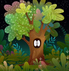 Poster Sprookjeswereld Spookachtige holle boom in nachtbos  © Popmarleo