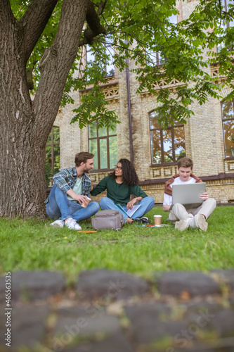 Young guys and a girl sitting on the grass near the college building