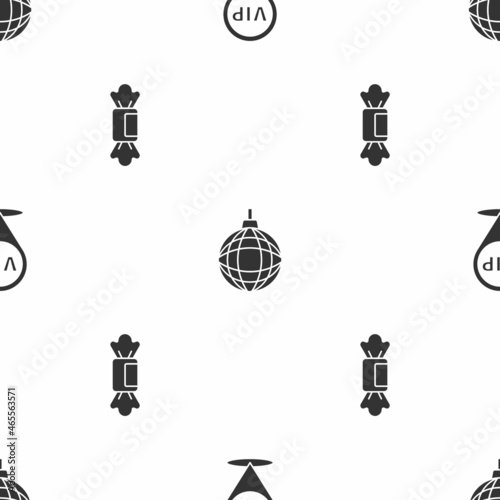 Set Location Vip, Disco ball and Candy on seamless pattern. Vector