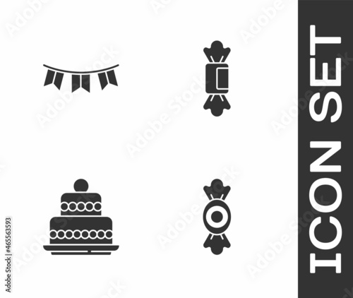 Set Candy, Carnival garland with flags, Cake and icon. Vector