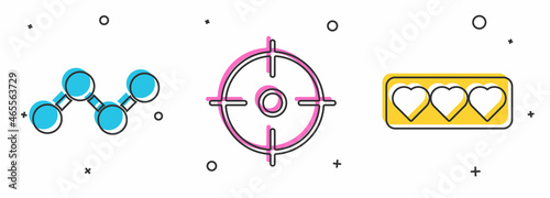 Set Share, Target sport and Like and heart icon. Vector
