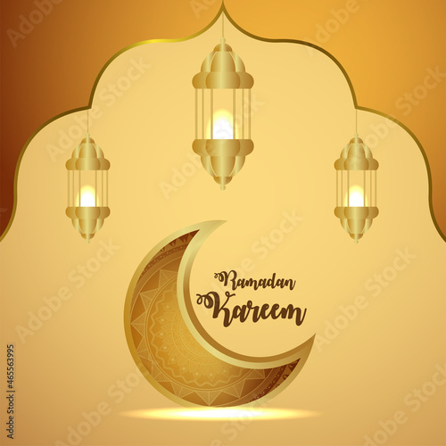 Ramadan kareem invitation greeting card with creative vector illustration of gold moon and lantern