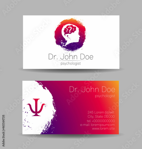 Fototapeta Naklejka Na Ścianę i Meble -  Psychology Vector Business Visit Card with Letter Psi Psy in Violet Bright Color. Modern logo Creative style. Human Head Profile Silhouette Design concept. Branding company