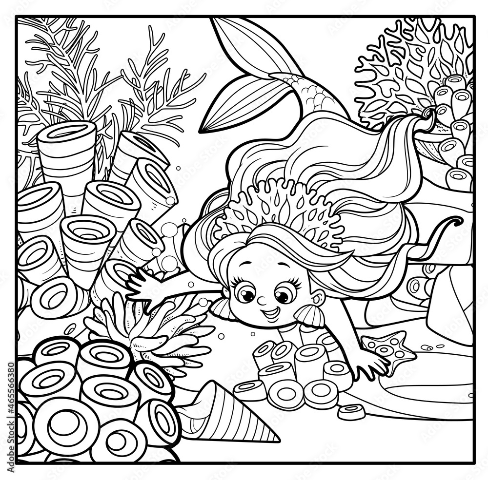 Cute little mermaid girl in coral tiara dives down outlined for coloring page on seabed with corals and algae background