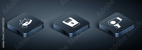 Set Isometric Shaving foam on hand, Hair dryer and Electric razor blade icon. Vector