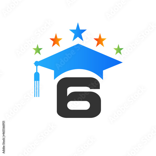 Letter 6 Education Logo Initial Graduation Cap Concept. Education Logo Design Template With 6 Letter Graduate Hat Vector Template