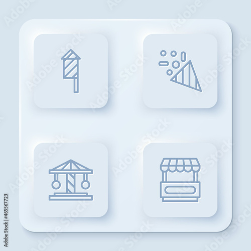 Free Download Set line Firework rocket, Festive confetti, Attraction carousel and Fast street food cart. White square button. Vector - GFXLoad
