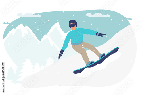 snowboard. Couple of snowboarders in mountains. Winter sport and recreation. Snowboarding resort with young man. Flat vector illustration winter landscape