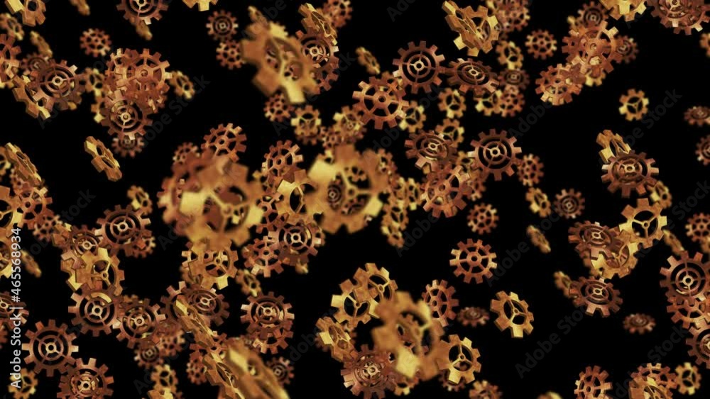 Golden metal gears floating in air on black background. Configuration settings of computer. Gold wheel. Business concept. Loop animation. Golden metal gears floating in air on black background. Configuration settings of computer. Gold wheel. Business concept. Loop animation.
