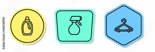 Set line Bottle for cleaning agent, Water spray bottle and Hanger wardrobe. Colored shapes. Vector
