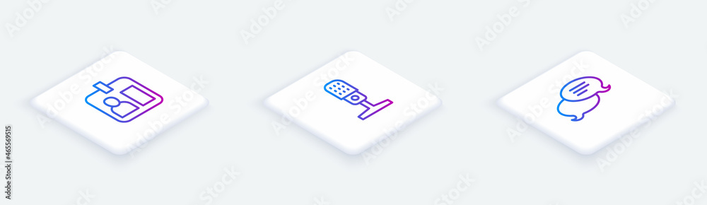 Set Isometric line Journalist id card, Microphone and Speech bubble chat. White square button. Vector Set Isometric line Journalist id card, Microphone and Speech bubble chat. White square button. Vector