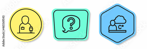 Set line Journalist news, Speech bubble chat and Weather forecast. Colored shapes. Vector