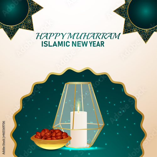Happy muharram islamic new year with arabic crystal candle lantern and dats