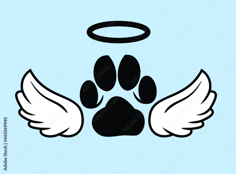 Pet paw print on background of heart with wings, print, sticker, icon  - obrazy, fototapety, plakaty 