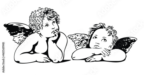 Couple of cute angels miss you, sketch, postcard, stencil 