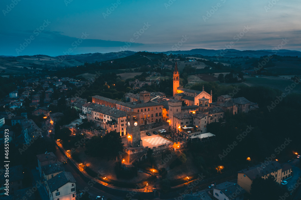 Fototapeta premium Aerial view of Castelvetro village by night. Modena Italy.