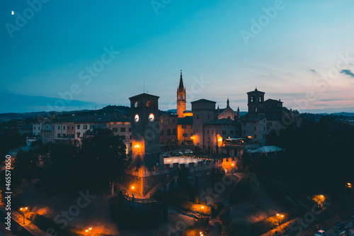Aerial view of Castelvetro village by night. Modena Italy.
