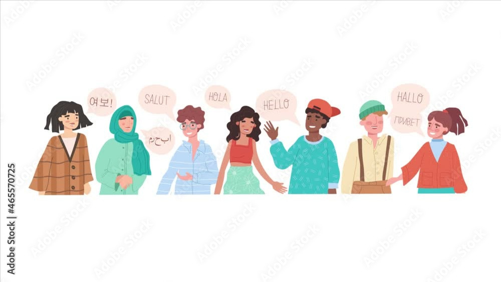 Greeting people concept. Young men and women of different nationalities greet each other in different languages. Tolerant and friendly moving characters in stylish clothes. Graphic animated cartoon Greeting people concept. Young men and women of different nationalities greet each other in different languages. Tolerant and friendly moving characters in stylish clothes. Graphic animated cartoon