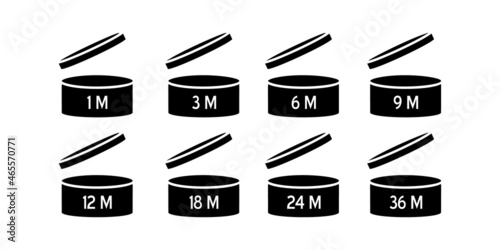  Cosmetic open month life. Expiration period symbols collection. Best before date PAO vector icons.