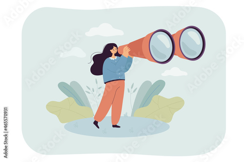 Tourist woman looking through big binocular device far ahead. Tiny female person travelling with field glasses flat vector illustration. Information search, travelling concept