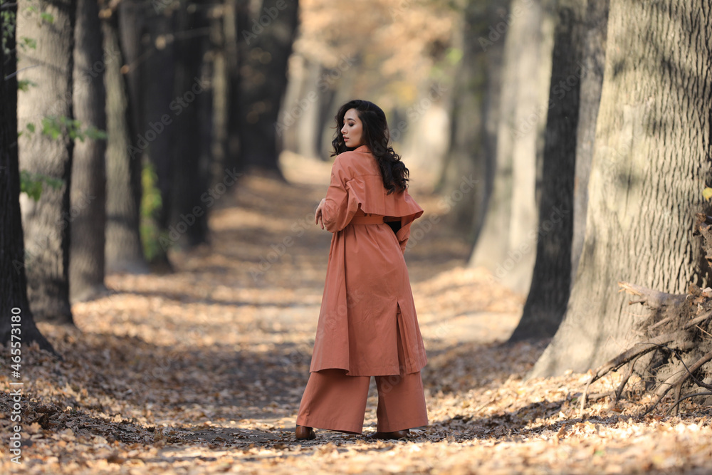 autumn portrait of a beautiful brunette in the forest on the alley autumn portrait of a beautiful brunette in the forest on the alley