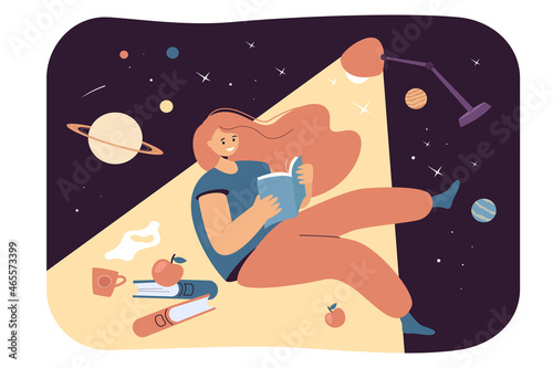 Woman with cute face reading book and thinking at night under light of lamp. Cartoon happy kid in magic library flat vector illustration. Book business, leisure time, education, hobby concept