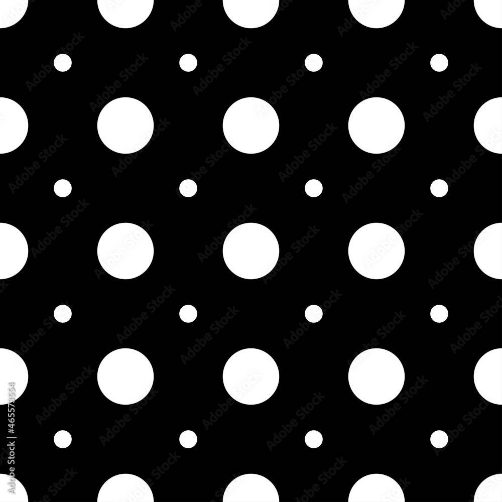 Vector polka dot pattern, black background white spots, stylish design for printing clothes, paper, fabric.
Vector polka dot pattern, black background white spots, stylish design for printing clothes, paper, fabric.