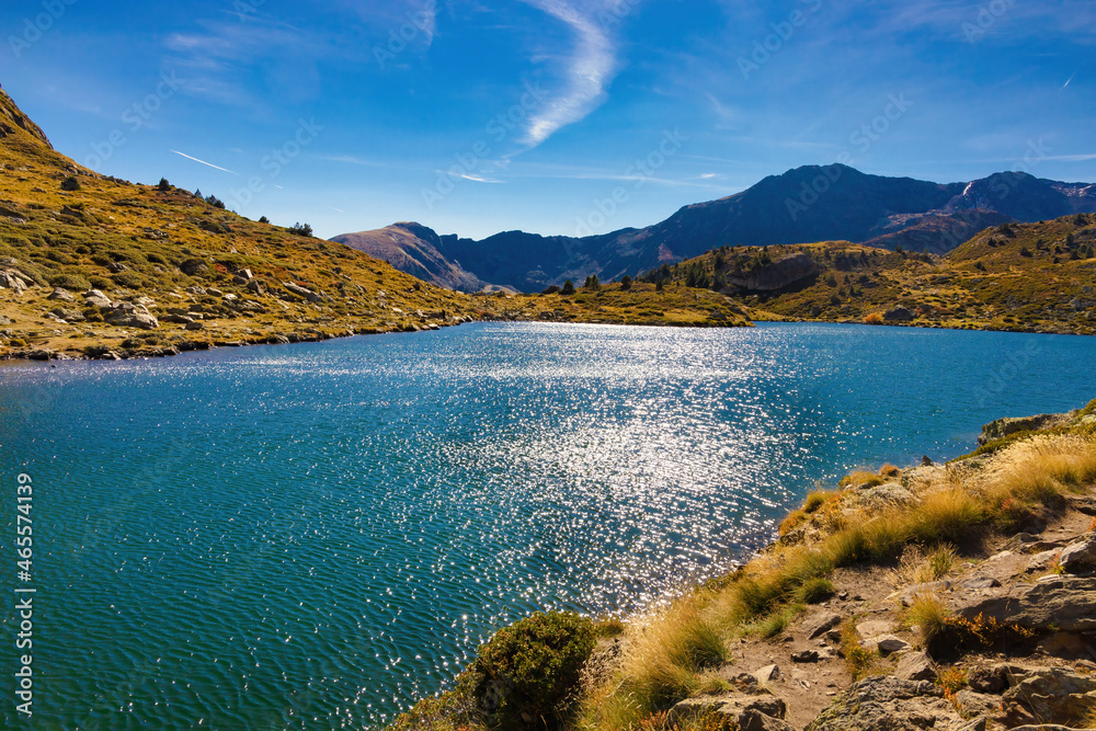 Fototapeta premium Panoramic view of the high lake of Tristaina, Arcalis, Andorra.