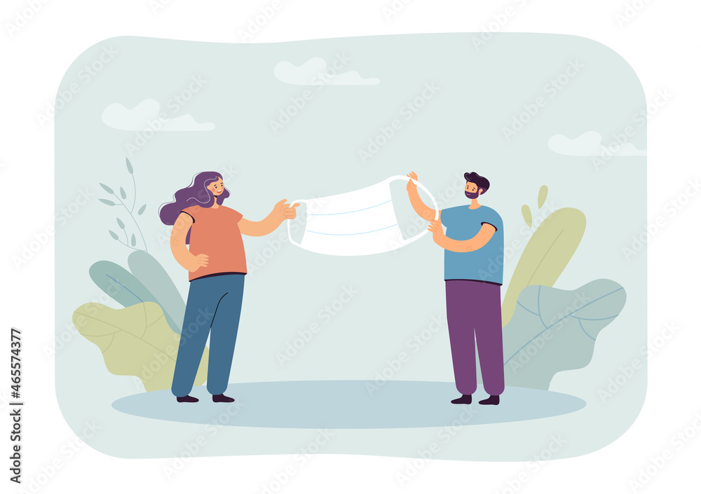 Tiny man and woman holding face mask from both sides. Coronavirus prevention and protection flat vector illustration. Epidemiology, health care concept for banner, website design or landing web page Tiny man and woman holding face mask from both sides. Coronavirus prevention and protection flat vector illustration. Epidemiology, health care concept for banner, website design or landing web page