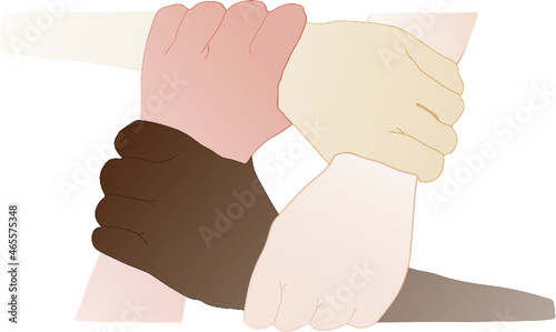 Manos entrelazadas de diferentes etnias, razas y color