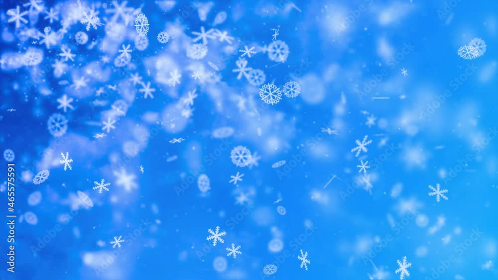 Falling snowflakes on a blue background. Snow flakes. Christmas motion design. New Year greeting card background. New year, merry Christmas, Holiday, winter, New Year, snowflake. Seamless loop 4K