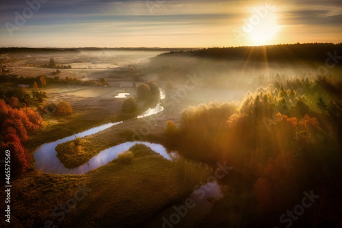 Radunia river meanders in the autumnal scenery before sunrise, Kashubia. Poland