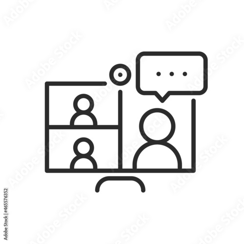 Laptop with people on screen communicating on video chat. Video conference and online meeting concept. Distance work and learning. Vector illustration. Laptop, computer, chatting, conferencing