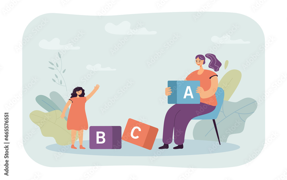 Young woman teaching girl to read using blocks with different letters. Mother helping daughter to learn letters flat vector illustration. Education concept for banner, website design, landing web page
