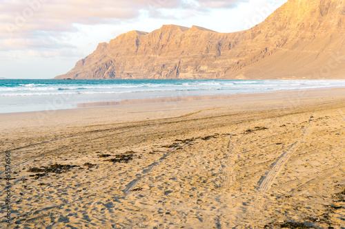 Views of Famara beach during a beautiful sunset  Lanzarote  Canary islands  Spain.