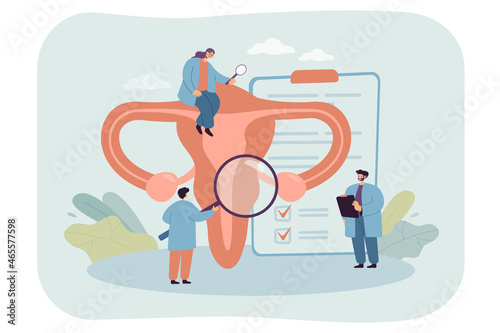 Tiny doctor cartoon characters examining female uterus. Endometriosis treatment, vaginal health flat vector illustration. Infertility, medicine, gynecology concept for banner or landing web page