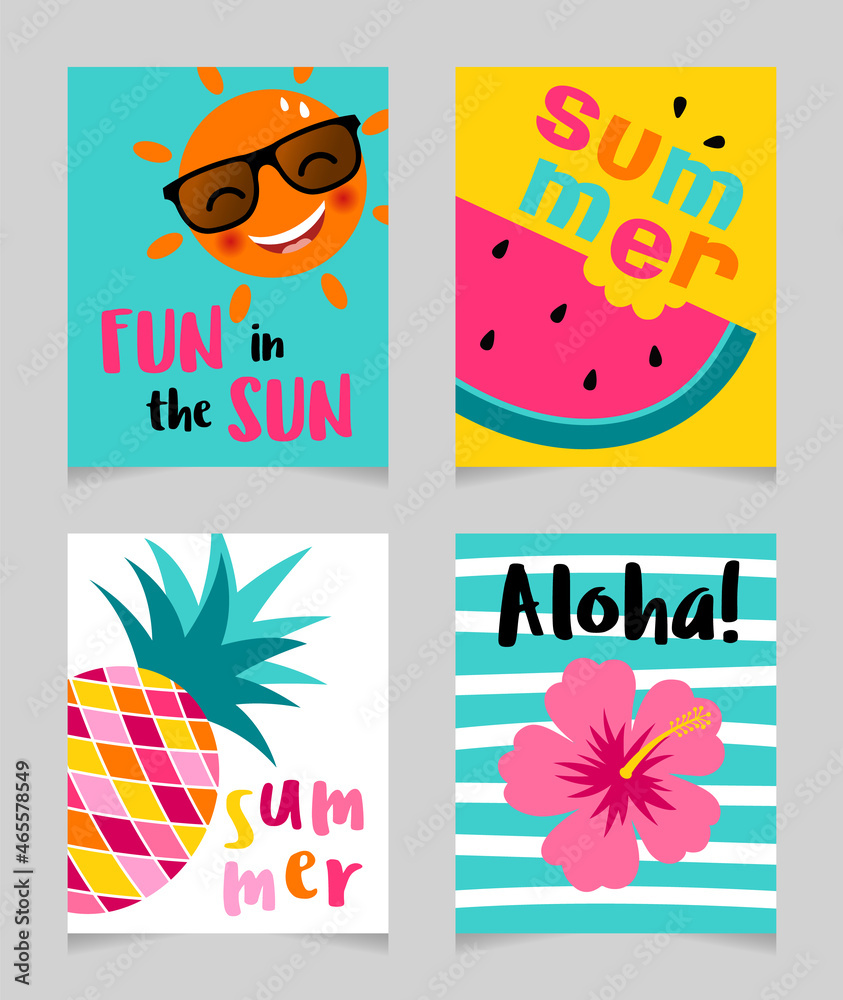 Set of cute bright summer holidays concept for greeting card, beach party, banner, badge, web design.