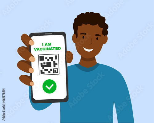 Black man with qr code and inscription - I am Vaccinated, on smartphone screen in hand