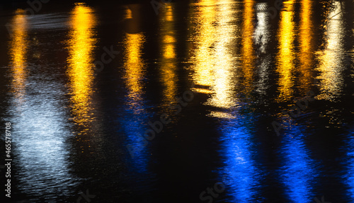 abstraction. blurred reflection of city lights in the river.