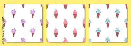 Seamless patterns ice cream on white. Pattern ice cream colored in doodle style. Hand-drawn sweet summer dessert. Background for textiles, fabric, cases, bedding, bed sheets, print clothes.cute sketch