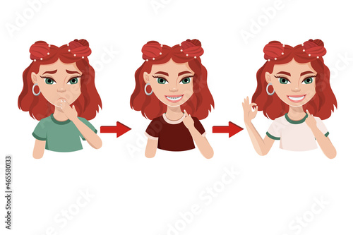 Happy girl with teeth braces. A teenage girl before installing teeth braces, in briquettes and the result after applying braces. Dental concept.  Cartoon vector illustration on the white background. 