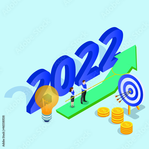 2022 business team growth target 3d isometric vector illustration concept for banner, website, landing page, ads, flyer template