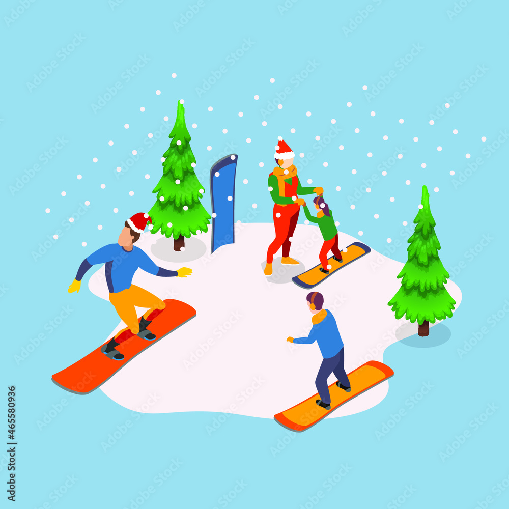 Fototapeta premium Family snowboard winter concept 3d isometric vector illustration concept for banner, website, landing page, ads, flyer template
