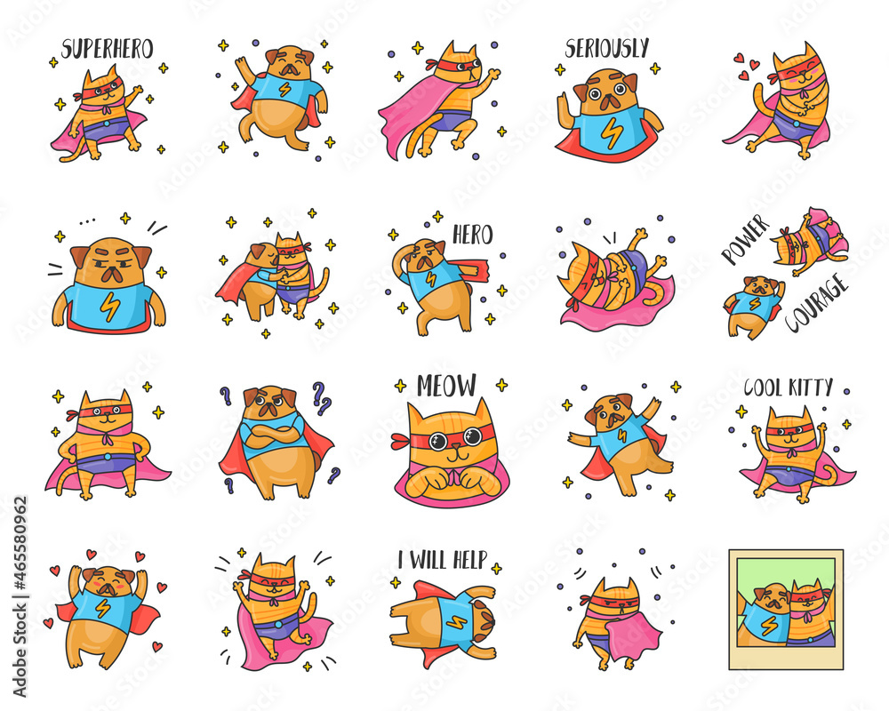 Naklejka premium Cat and dog cartoon characters as superheroes sticker set. Funny animal super heroes in masks in different poses vector illustrations. Animals, fantasy concept for cute temporary tattoo designs