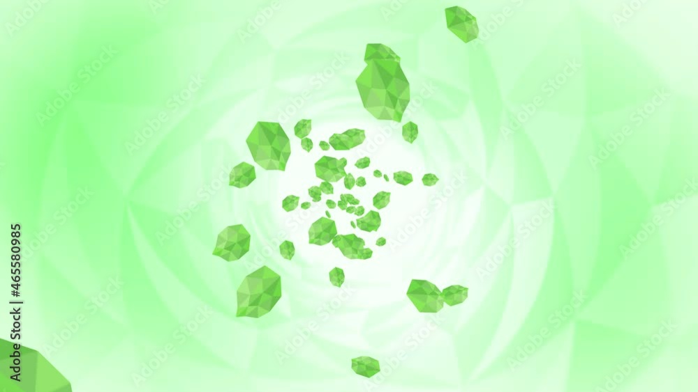 Many green leaves floating in air on white background. Low polygonal plant. Symbol of digital technology. Abstract loop animation.