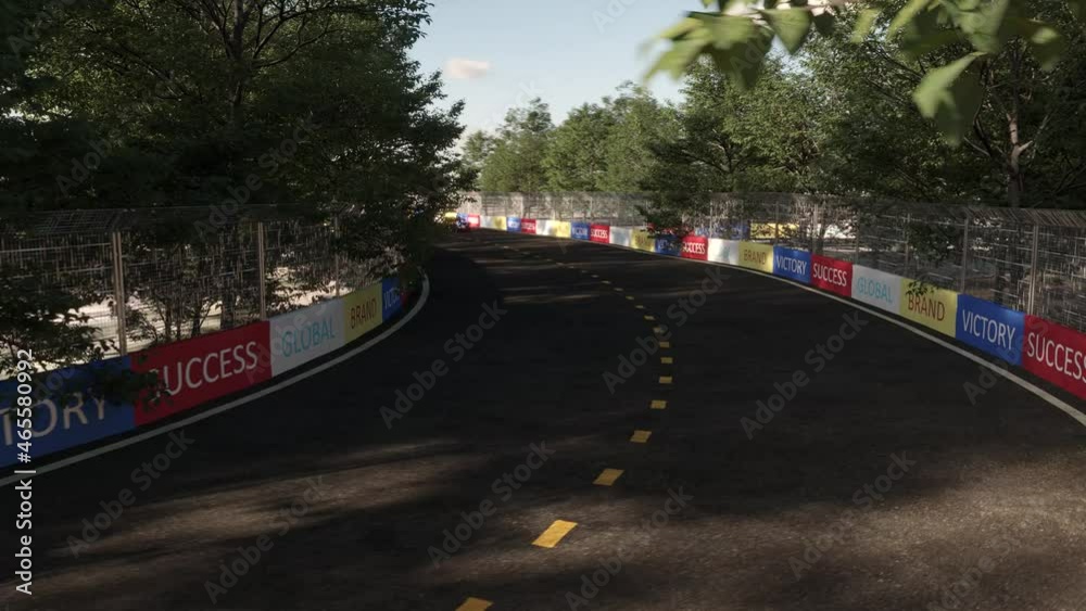 Formula 1 racing car rushes along the track. Forest trail in clear daytime