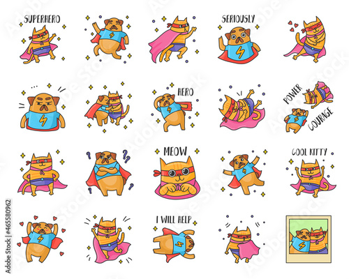 Cat and dog cartoon characters as superheroes sticker set. Funny animal super heroes in masks in different poses vector illustrations. Animals, fantasy concept for cute temporary tattoo designs